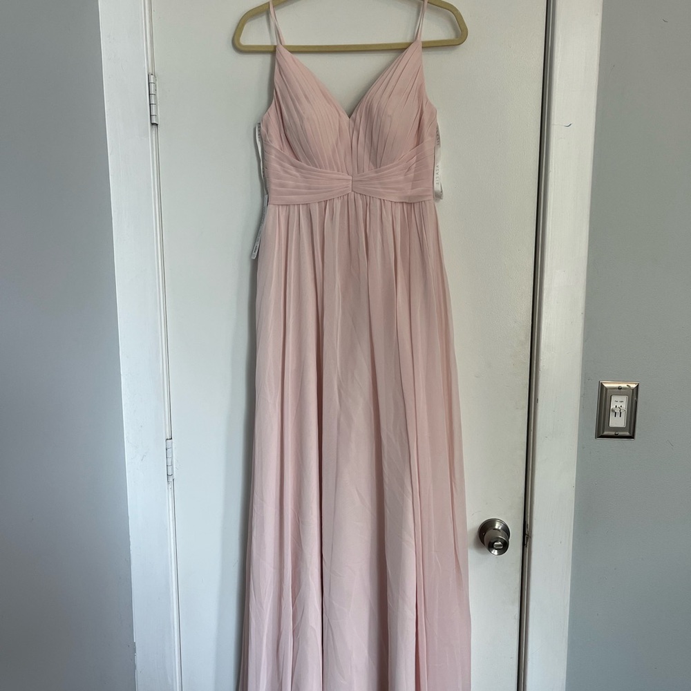Azazie Serena Blushing Pink Pleated Bridesmaid Dress Chiffon NWT A4 v neck